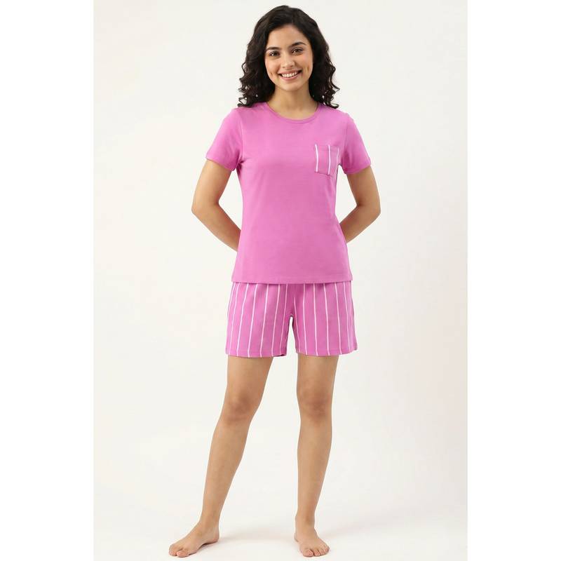 Zivame Women's Thin Stripes Knit Cotton Short Set - Spring Crocus (XL)