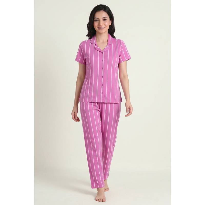 Zivame Women's Thin Stripes Knit Cotton Shirt & Pyjama - Spring Crocus (XL)
