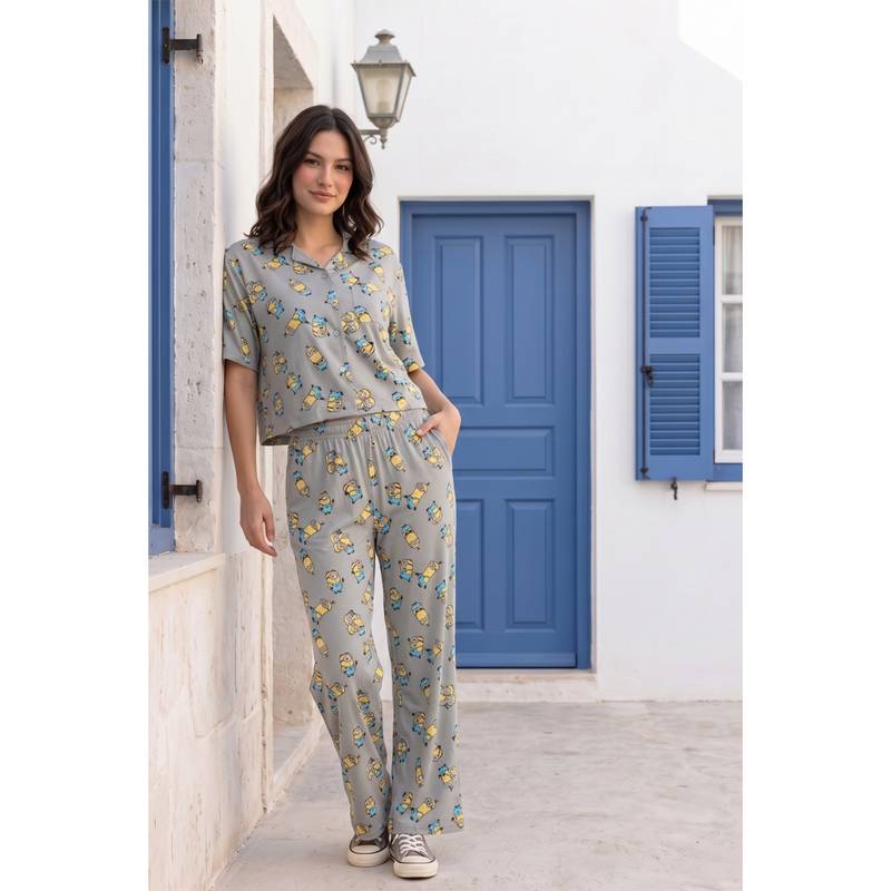 Zivame Women's Minions Knit Cotton Shirt & Pyjama - Ultimate Grey (M)