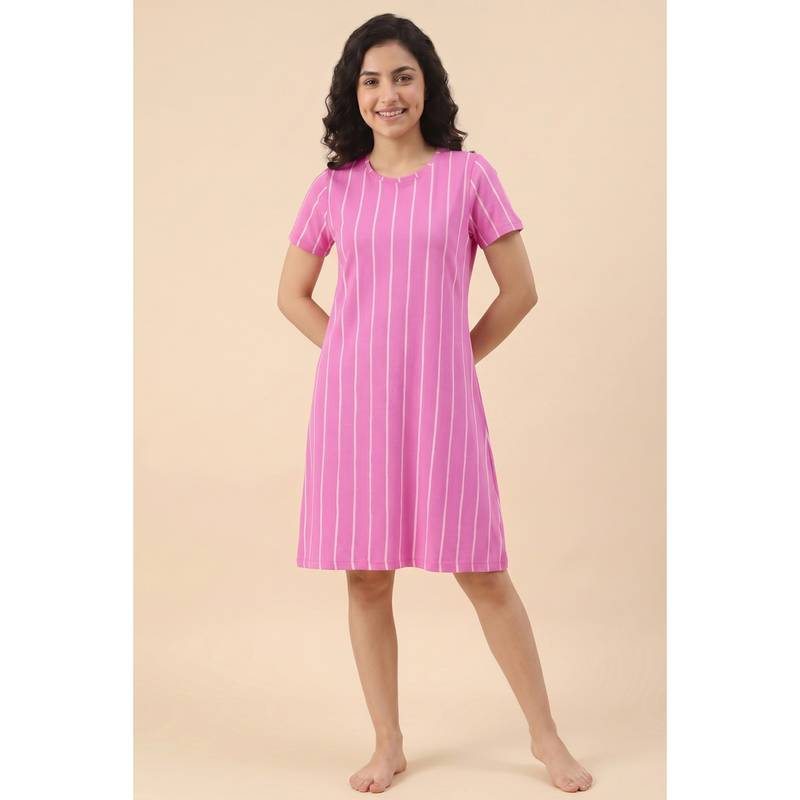 Zivame Women's Thin Stripes Knit Cotton Knee Length Nightdress - Spring Crocus (M)