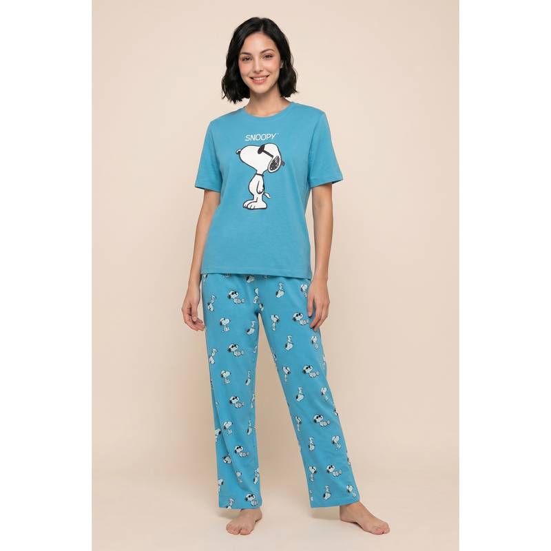 Zivame Women's Peanuts Knit Cotton T-Shirt & Pyjama - Bachelor Button (M)