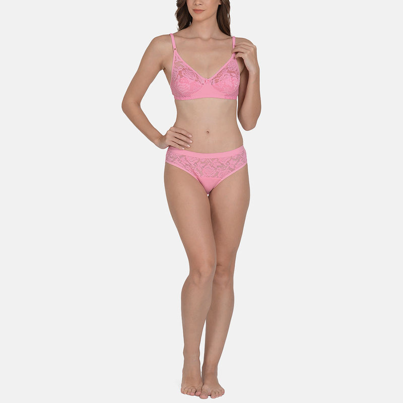 Mod & Shy Non Padded, Non Wired Lacy Lingerie Set Pink (32B)