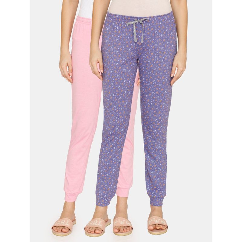 Zivame Rosaline Meadows Knit Cotton Pyjama (Pack of 2) - Very Peri Begonia Pink (XS)
