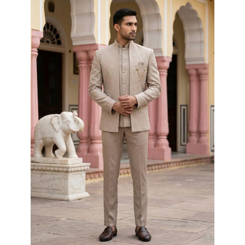 Jompers Beige Premium Embroidered Indo-Western Sherwani with Inner Jacket and Pant (L)