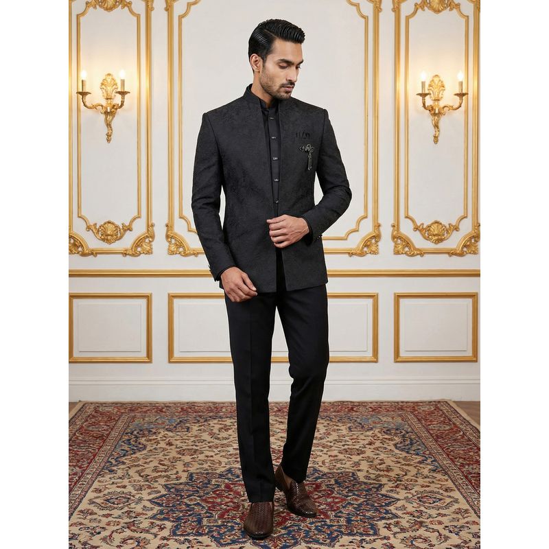 Jompers Black Embroidered Cotton Blend Indo-Western Sherwani with Kurta and Pant (M)