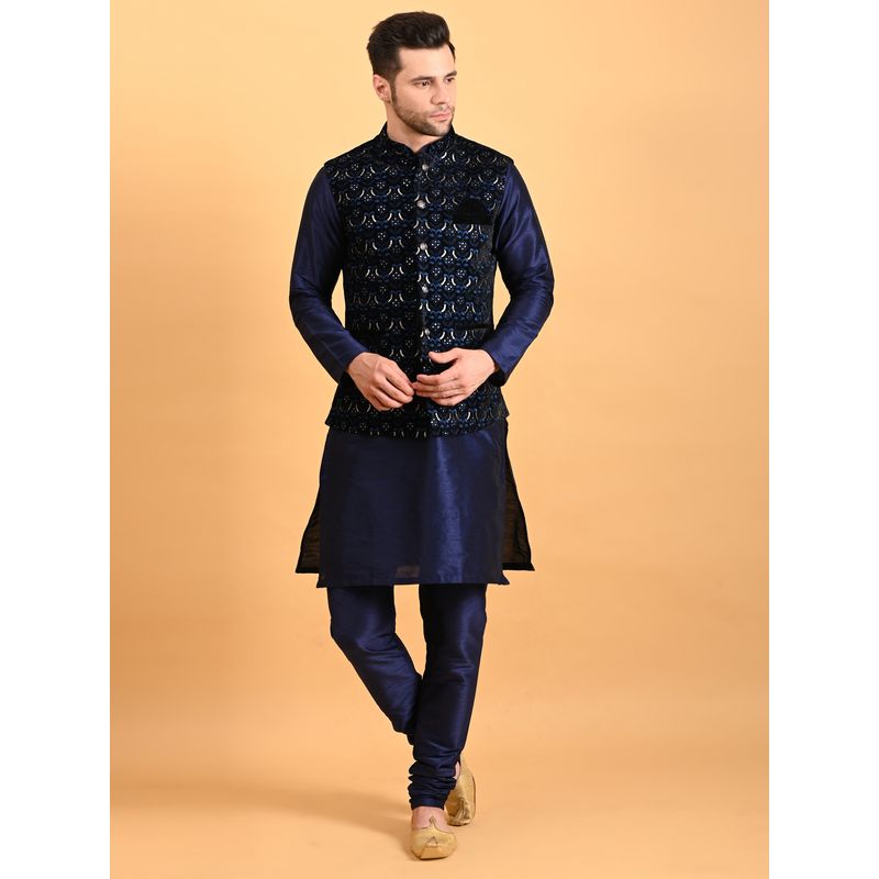 Uri and MacKenzie Navy Blue Embroidered Kurta with Pyjama and Nehru Jacket (S)