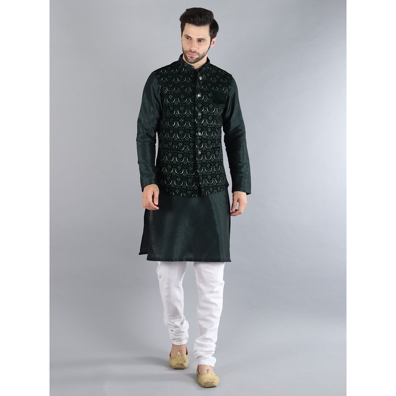 Uri and MacKenzie Black Embroidered Kurta with Pyjama and Nehru Jacket (S)