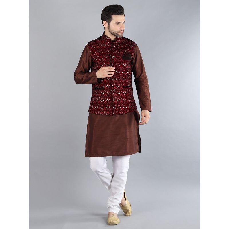 Uri and MacKenzie Maroon Embroidered Kurta with Pyjama and Nehru Jacket (S)