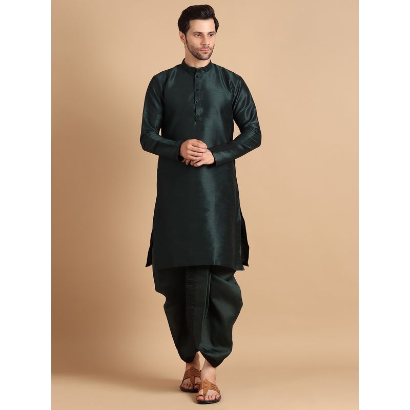 Uri and MacKenzie Bottle Green Mandarin Collar Kurta with Dhoti (S)