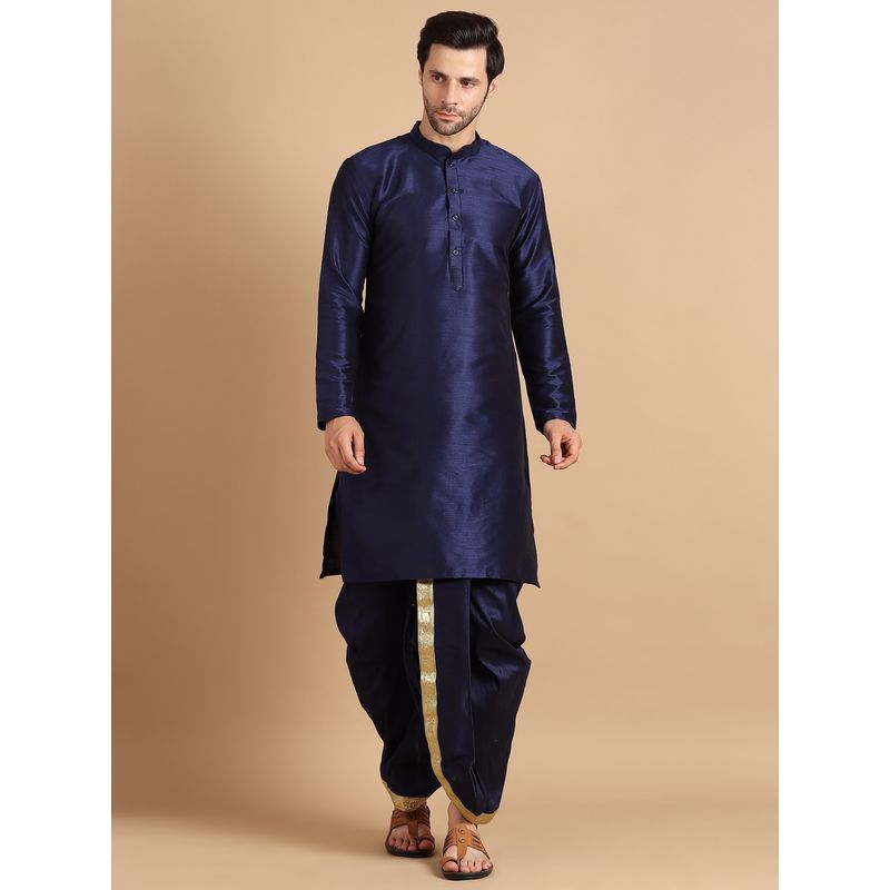 Uri and MacKenzie Navy Blue Mandarin Collar Kurta with Dhoti (S)
