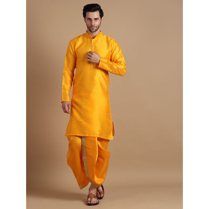 Uri and MacKenzie Mustard Yellow Mandarin Collar Kurta with Dhoti (S)