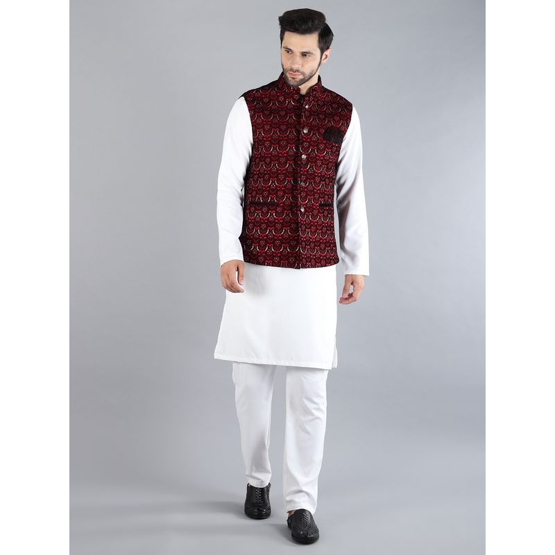 Uri and MacKenzie White Embroidered Kurta with Pyjama and Nehru Jacket (S)