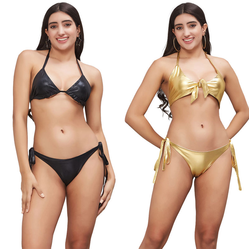 Secrets By ZeroKaata Women Metallic Halter Beach Wear Swim Bikini Set (XS)