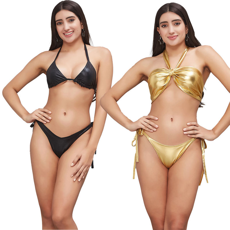 Secrets By ZeroKaata Women Metallic Halter Beach Wear Swim Bikini Set (XS)