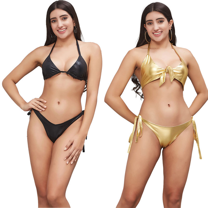 Secrets By ZeroKaata Women Metallic Halter Beach Wear Swim Bikini Set (XS)