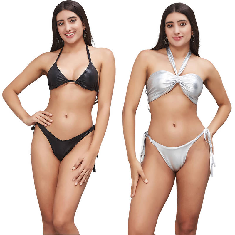 Secrets By ZeroKaata Women Metallic Halter Beach Wear Swim Bikini Set (XS)