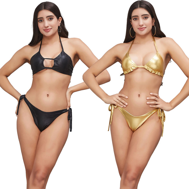 Secrets By ZeroKaata Women Metallic Halter Beach Wear Swim Bikini Set (XS)