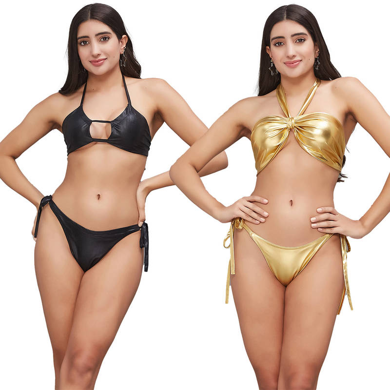 Secrets By ZeroKaata Women Metallic Halter Beach Wear Swim Bikini Set (XS)