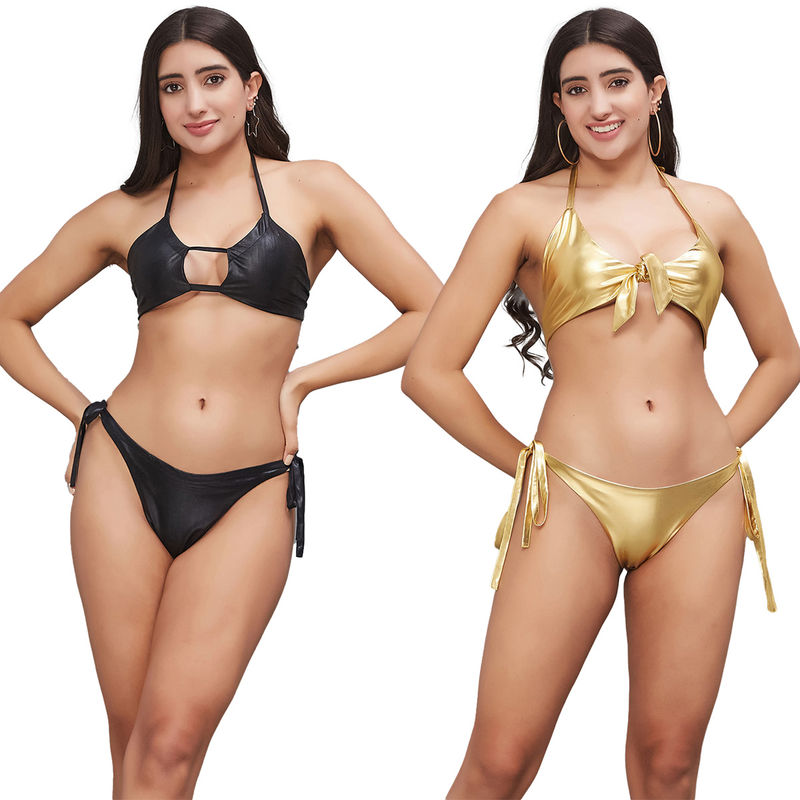 Secrets By ZeroKaata Women Metallic Halter Beach Wear Swim Bikini Set (XS)