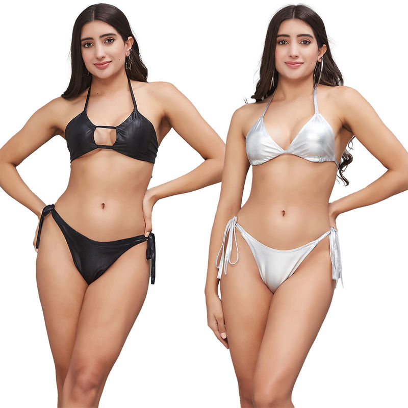 Secrets By ZeroKaata Women Metallic Halter Beach Wear Swim Bikini Set (XS)