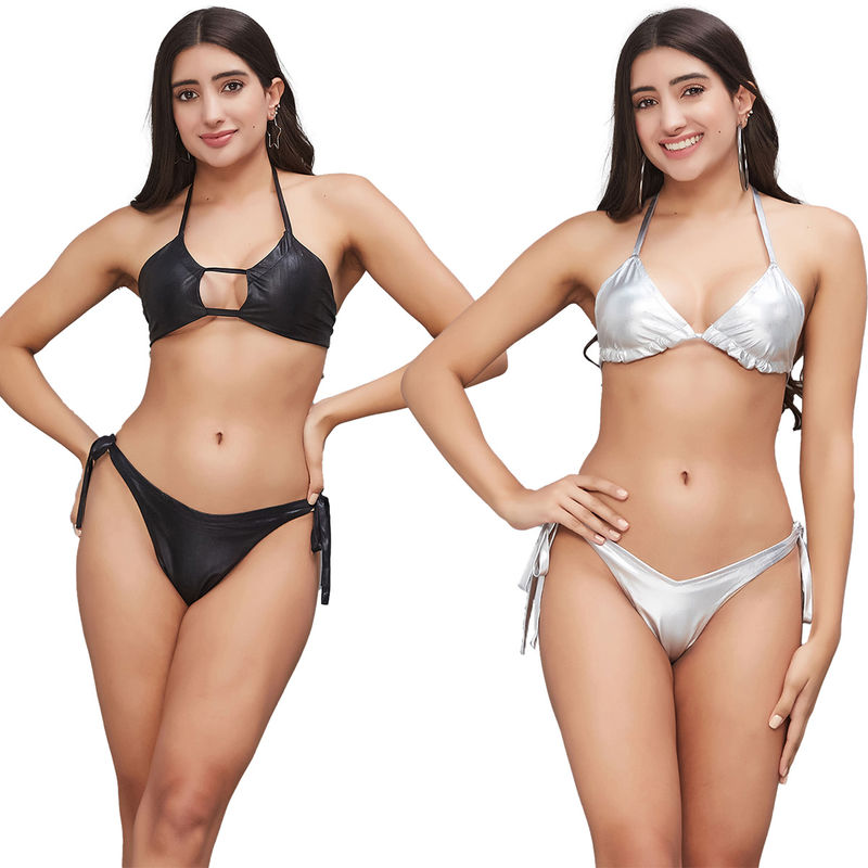Secrets By ZeroKaata Women Metallic Halter Beach Wear Swim Bikini Set (XS)