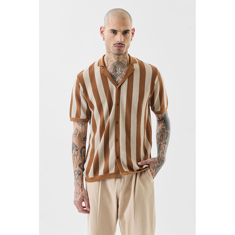 Snitch Brown Stripes Half Sleeves Slim Casual Shirt (M)