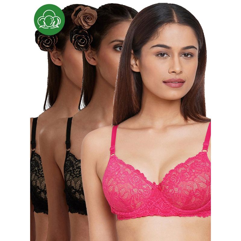 Inner Sense Organic Cotton Padded Underwired Lace Bra (Pack of 3) (32D)