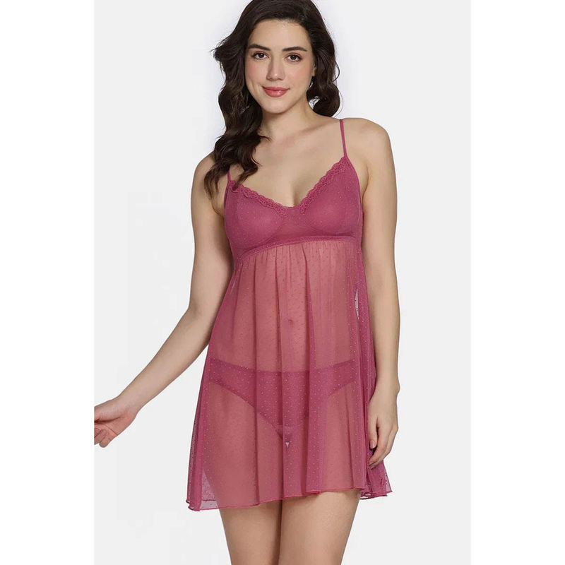 Zivame Lace N Mesh Babydoll with Thong - Malaga (Set of 2) (M)