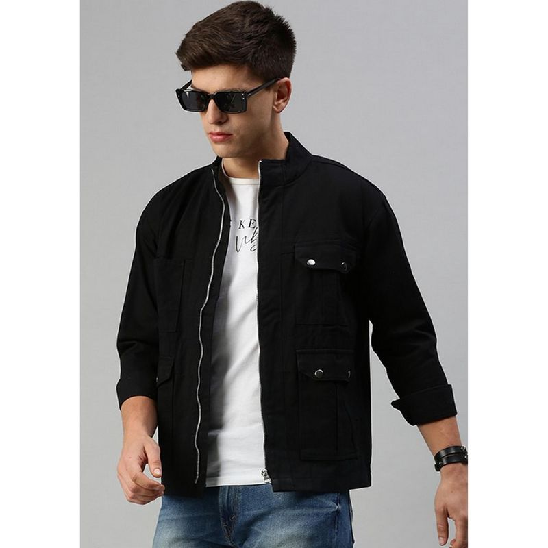 Voxati Men Black Solid High Neck Jacket (L)