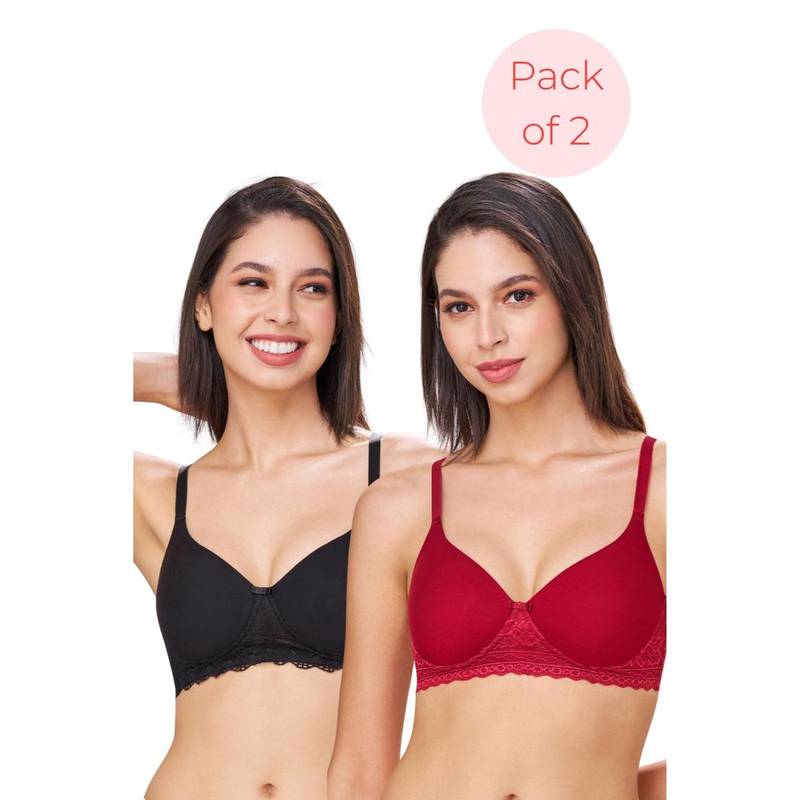 bodyline Bambi Sangria & Black Seamless U-Back Wire Free Cotton Padded T-Shirt (Pack of 2) (32B)