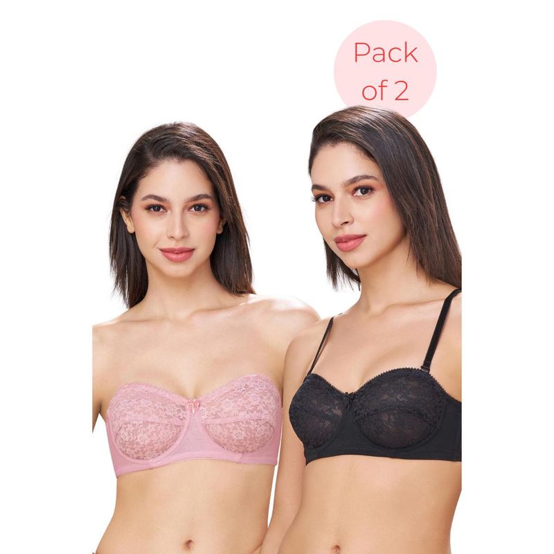 bodyline Detachable Straps Citra Sand Pink & Black Strapless Wired Lace Bra (Pack of 2) (32C)