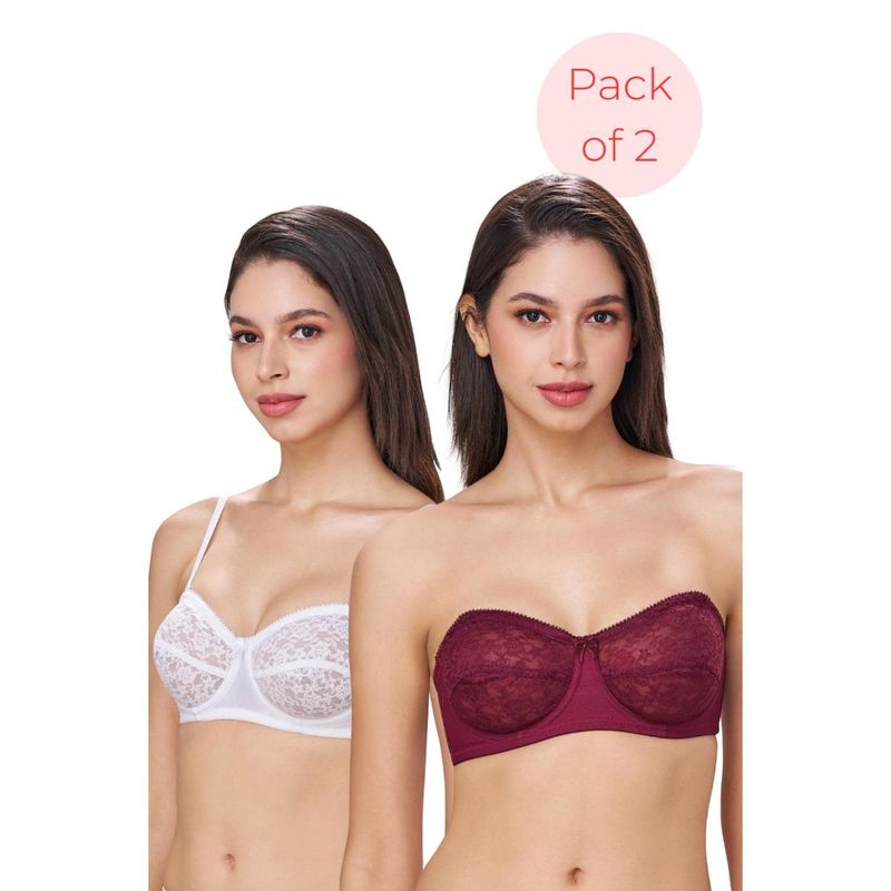 bodyline Detachable Straps Citra White & Dark Cherrry Strapless Wired Lace Bra (Pack of 2) (32C)