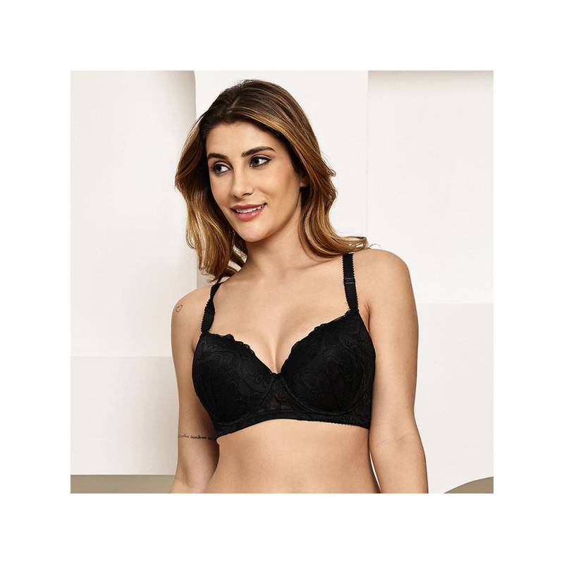 PrettyCat Womens Black Underwire Floral Lace T-Shirt Bra (34C)