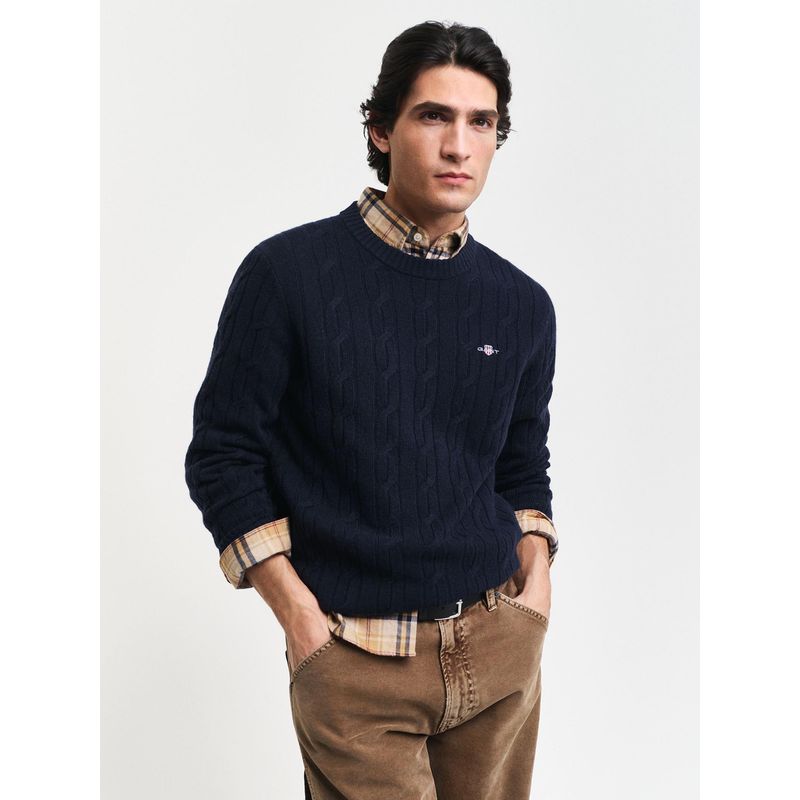 GANT Men Blue Solid Round Neck Full Sleeves Pullover Style Sweater (L)
