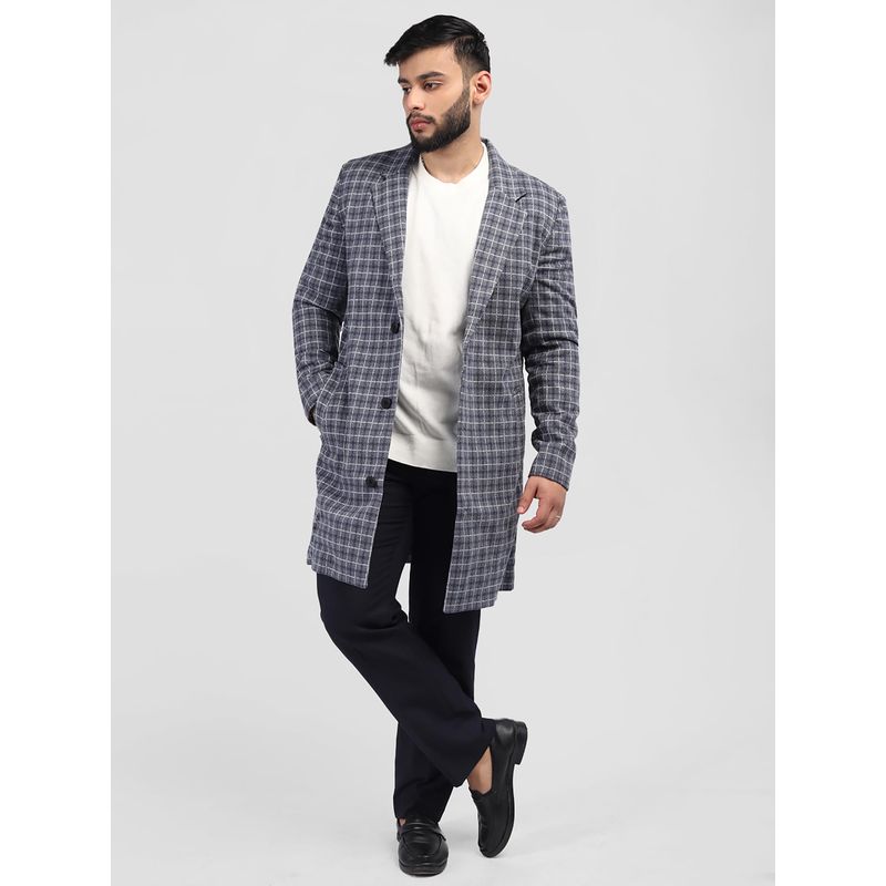 HONNETE Men Casual Regular Fit Grey Blue Check Trench Coat (M)