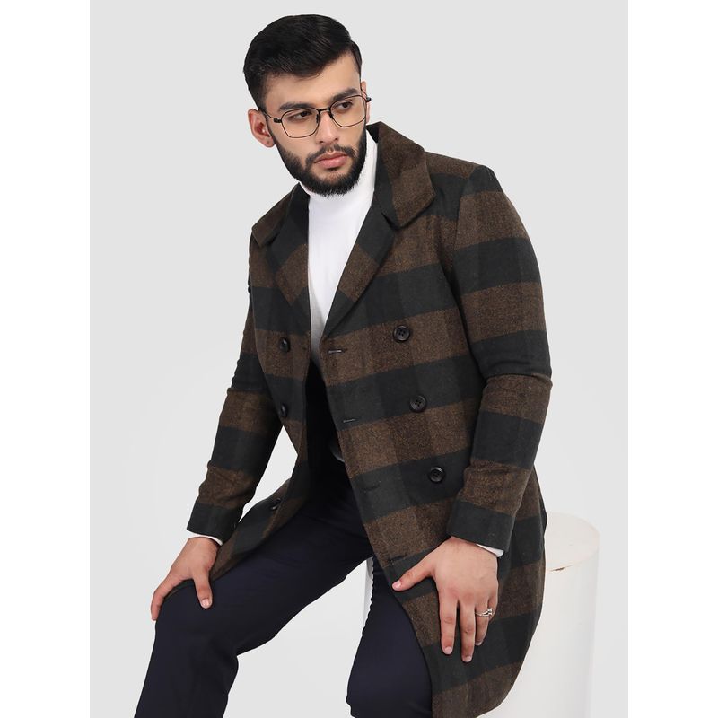 HONNETE Men Casual Regular Fit Brown Black Check Trench Coat (3XL)