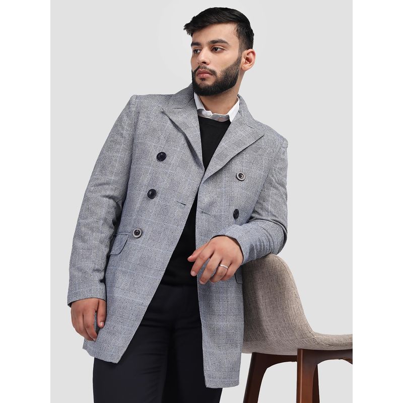HONNETE Men Casual Regular Fit Navy Blue Check Trench Coat (M)