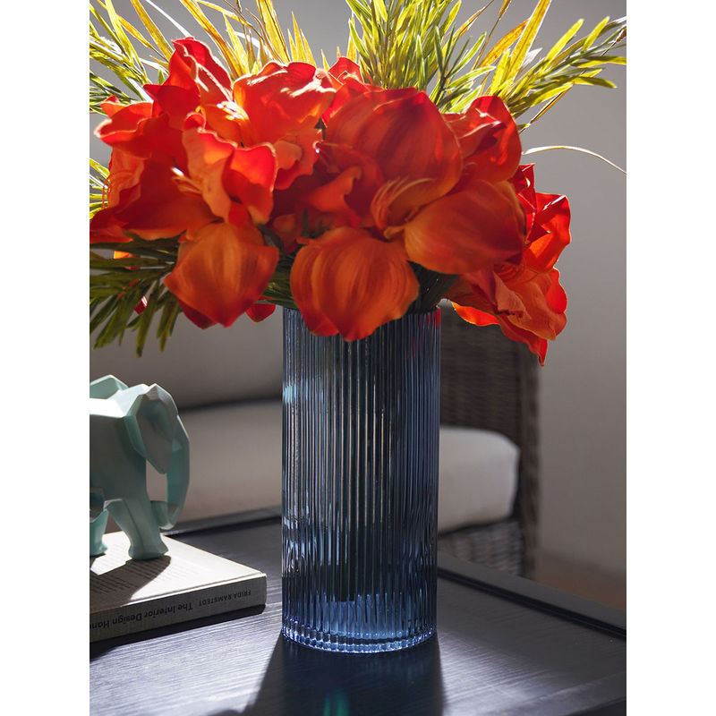 Pure Home + Living Blue Ribbed Straight Glass Vase- Medium (M)