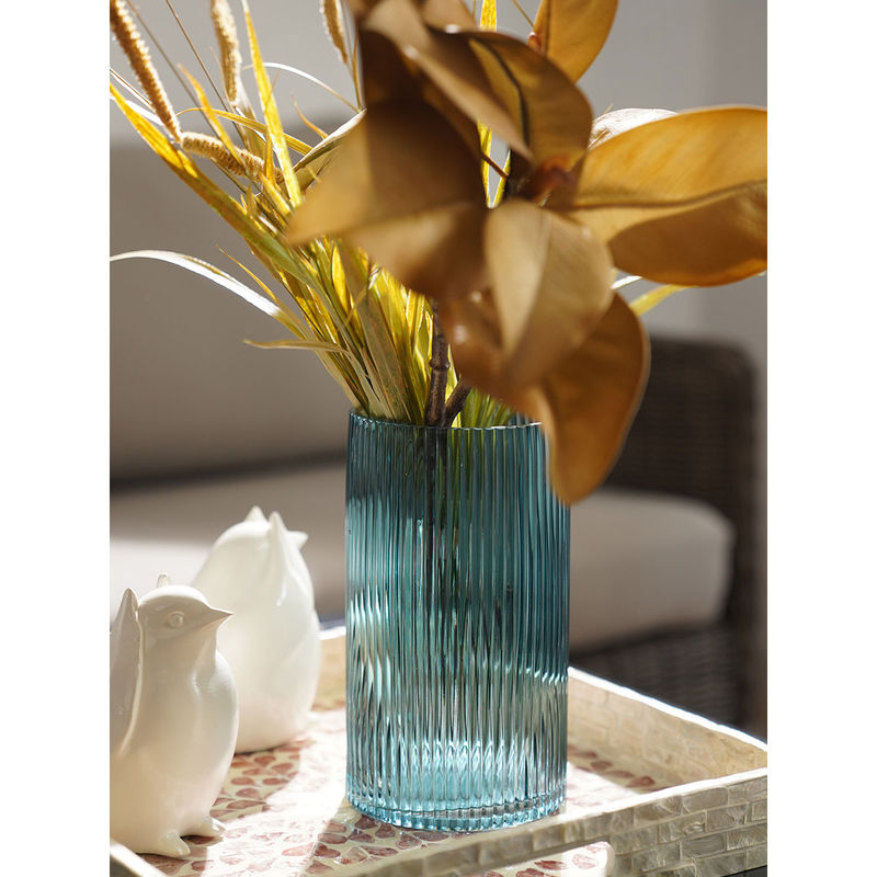 Pure Home + Living Teal Ribbed Straight Glass Vase (S)