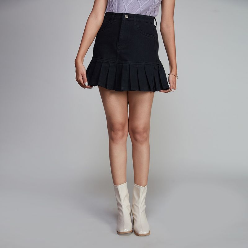 Twenty Dresses by Nykaa Fashion Black a Line Box Pleat Short Denim Skirt (26)