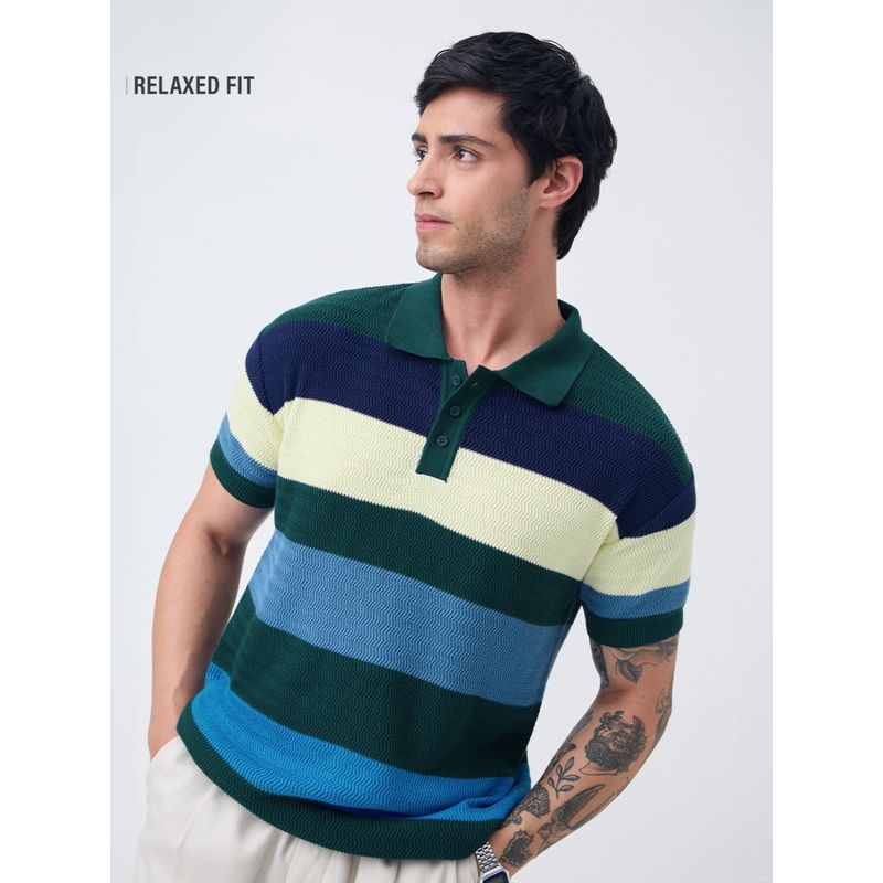 The Souled Store Jacquard Marine Vibe Men Polo T-Shirt (M)