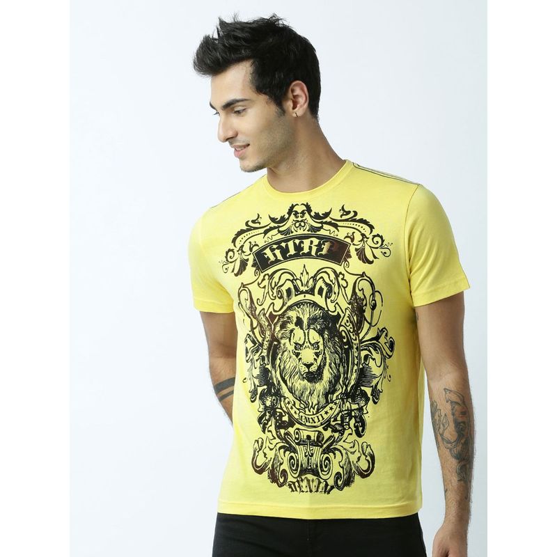 Huetrap Mens Printed Round Neck Yellow T-Shirt (S)