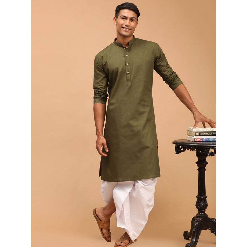 Vastramay Mens Mehndi Green & White Cotton Blend Kurta & Dhoti (Set of 2) (M)