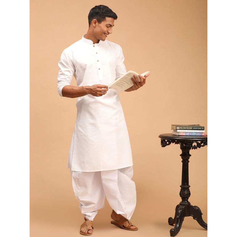 Vastramay Mens White Cotton Blend Kurta & Dhoti (Set of 2) (M)