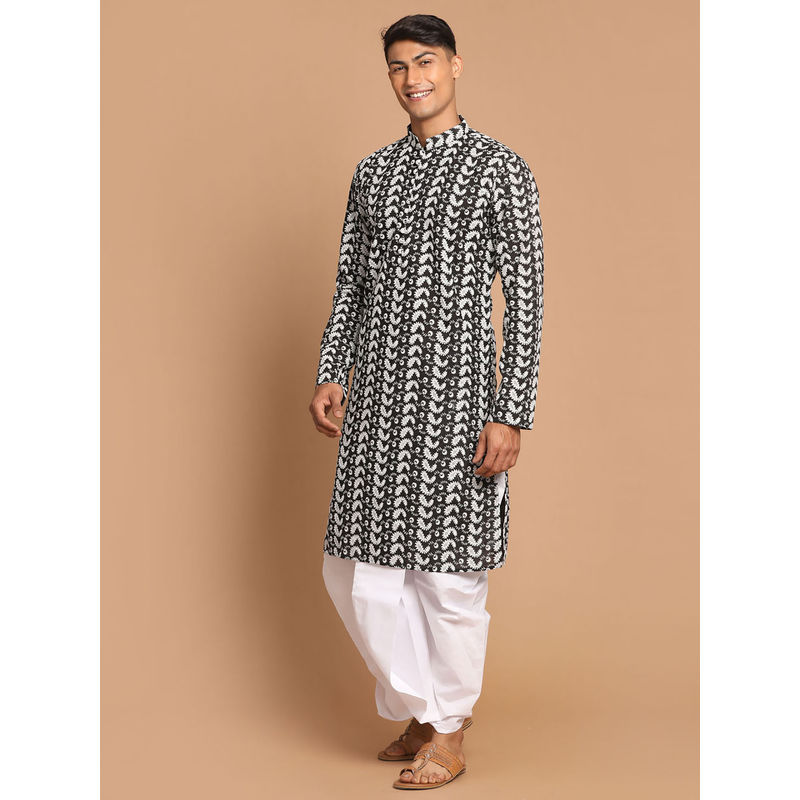 Vastramay Mens Black & White Pure Cotton Kurta & Dhoti (Set of 2) (S)
