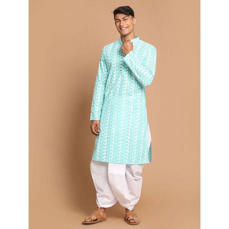 Vastramay Mens Green & White Pure Cotton Kurta & Dhoti (Set of 2) (M)