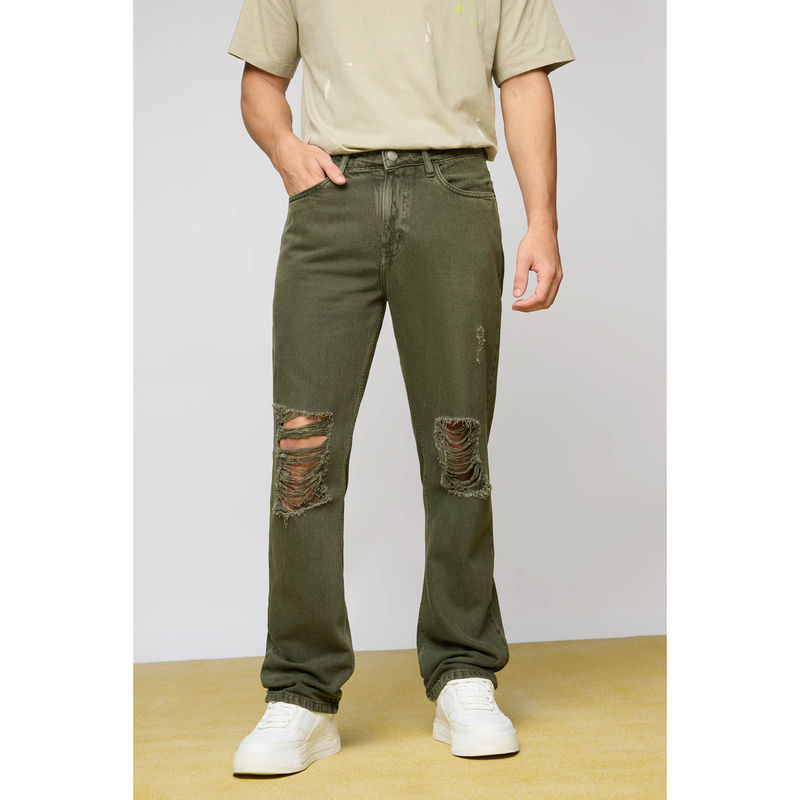 FREAKINS Men Rustic Green Distressed Straight Jeans (28)