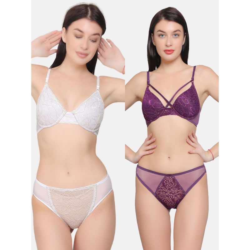 Curwish Beyond Sexy Lacy Wonder Golden Embroidery Push-Up Purple & White (Set of 4) (30C/S)