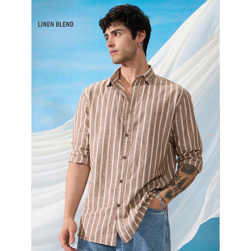 The Souled Store Originals Cotton Linen Stripes Dune Men's Linen Shirt (M)