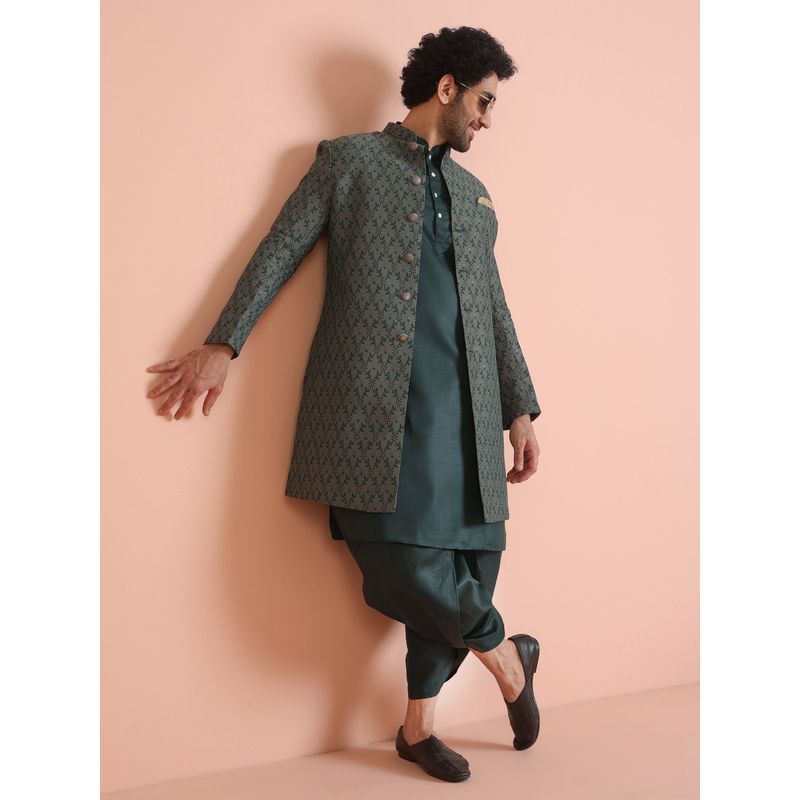 KISAH Men Olive green Textured Silk Blend Kurta Indowestern Sherwani Dhoti Set with Floral Design (L)